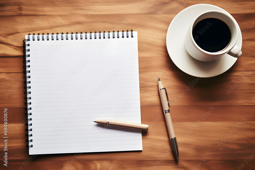 Work from home. desk office with laptop, blank notepad, coffee cup and pen on wood table. Generative Ai. Work from home. desk office with laptop, blank notepad, coffee cup and pen on wood table. Generative Ai.