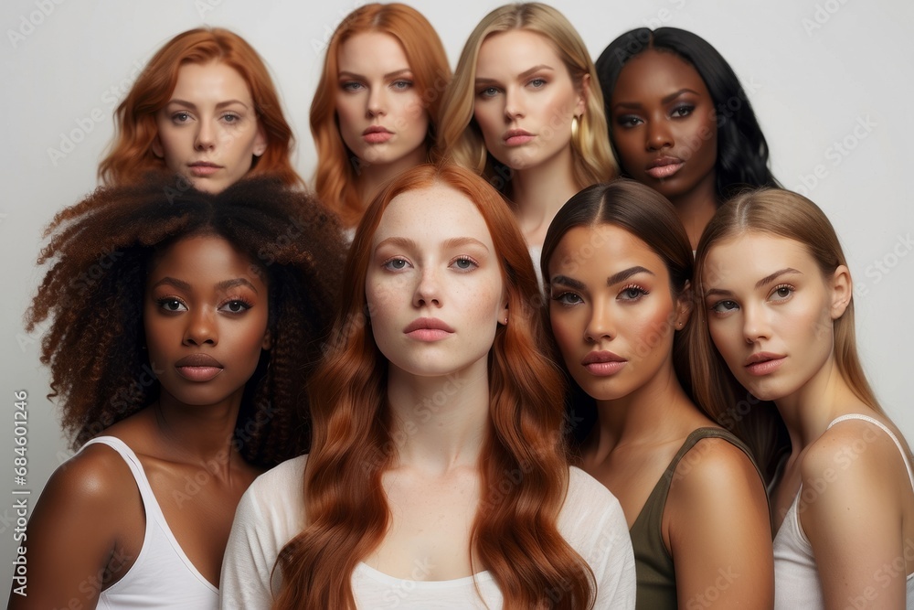 Obraz premium Portrait of beautiful mixed group of multicultural diversity people, international students or friends, Female models with red and brunette hair.