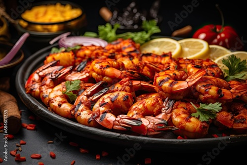 Shrimp on a background of seafood Tikka, grilled