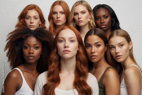 Portrait of beautiful mixed group of multicultural diversity people, international students or friends, Female models with red and brunette hair.