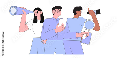 People with binoculars and spy glass. Employee, job and candidate search. People or office employees stand together and looking for new business or career opportunities. Seo or web search concept.