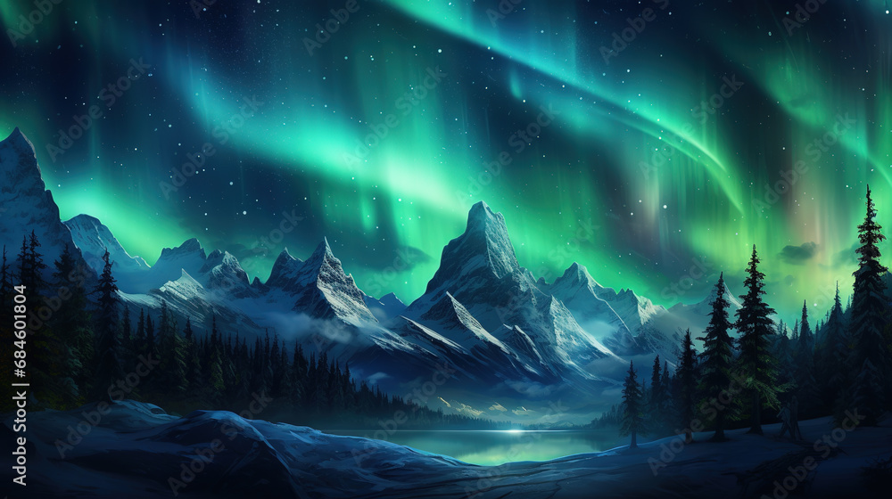 northern lights at night over the mountains