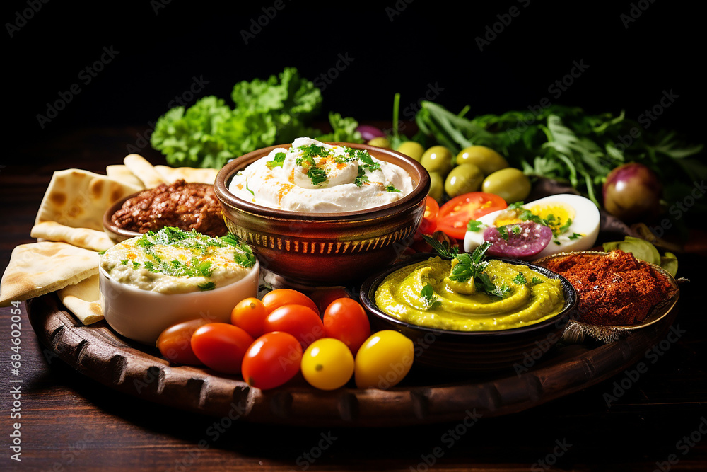 Overhead view of mezze platter of hummus and pita bread surrounded by fresh tomatoes, olives, and vegan tzatziki Overhead view of mezze platter of hummus and pita bread surrounded by fresh tomatoes, olives, and vegan tzatziki