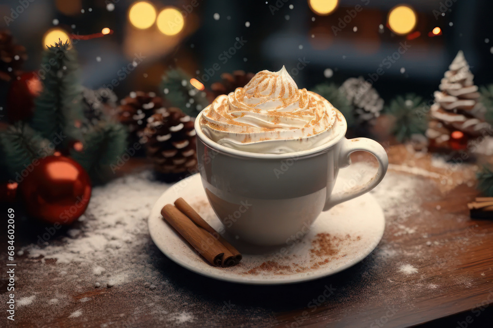 Christmas cappuccino with cinnamon. AI generative. Christmas cappuccino with cinnamon. AI generative.