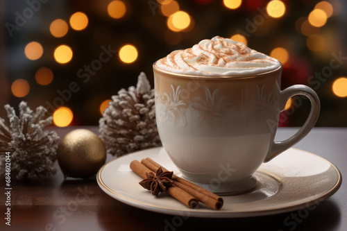 Christmas cappuccino on a New Year's background. AI generative.