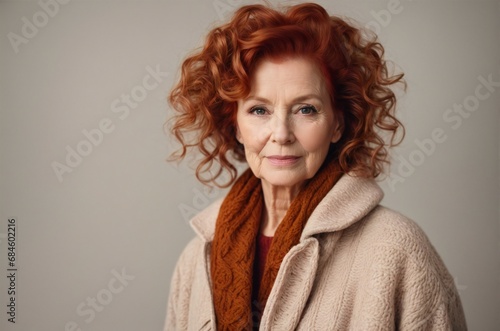 Studio portrait of redhead senior woman in a warm knitted sweater. Winter clothing concept photo