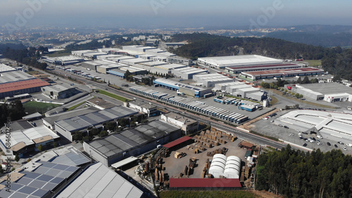 Ribeirao, Portugal, August 4, 2021: Aerial view of the SAM Business Park, located south of Famalicao county, this business park is served by the N14. The Supply Market.