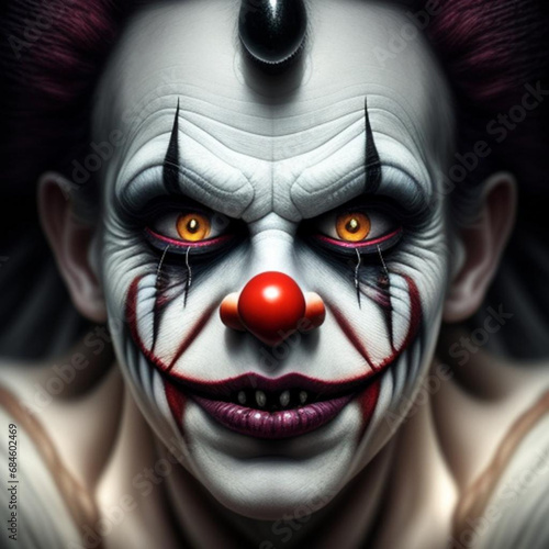 Atmospheric portrait of a sinister scary whiteface circus clown. Generative AI