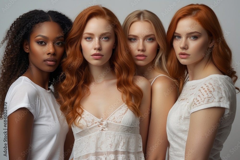 Portrait of mixed multicultural women with different looks on a white background. Portrait of mixed multicultural women with different looks on a white background.