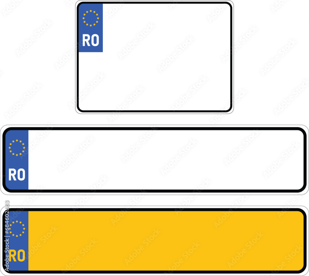 Vehicle registration plates of ROMANIA. EU country identifier. Vector illustration. Vehicle registration plates of ROMANIA. EU country identifier. Vector illustration.