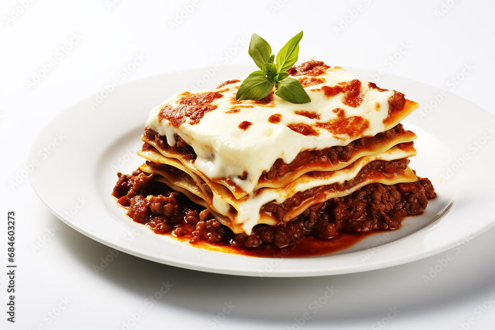 Classic Italian lasagna, highlighting layers of pasta, rich meat sauce, creamy bechamel, and melted cheese