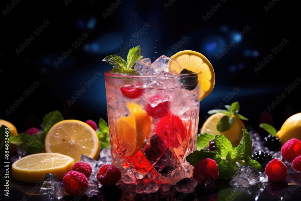 Colorful fruit cocktail with ice, lemon and mint in the bar