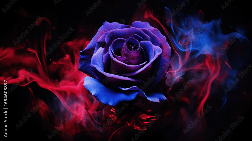 Purple rose wrapped in red smoke swirl on black background Purple rose wrapped in red smoke swirl on black background