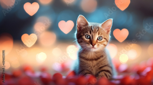 Cute cat on heart shape bokeh background