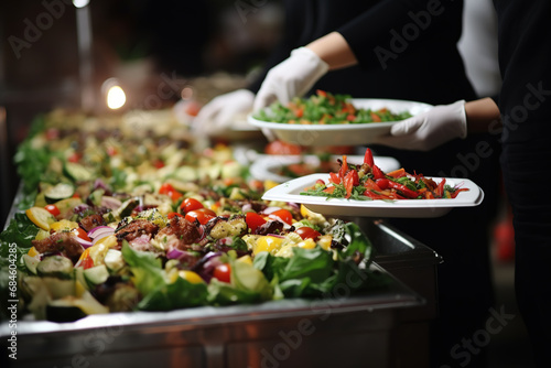 People group catering buffet food indoor in restaurant with meat colorful fruits and vegetables photo