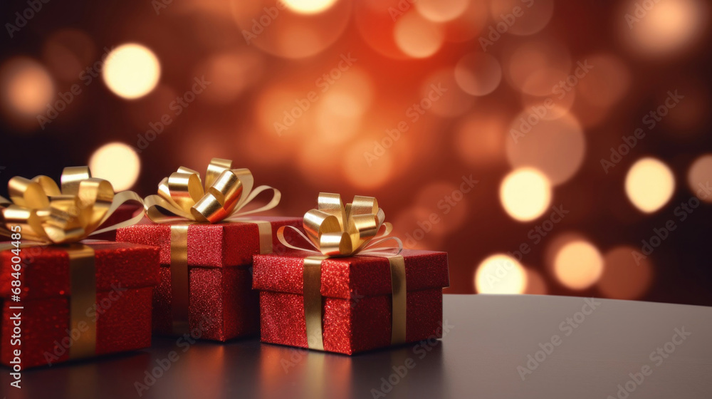 Golden gift presents on a light dark red background with colorful bokeh and stars glittering Golden gift presents on a light dark red background with colorful bokeh and stars glittering