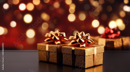 Golden gift presents on a light dark red background with colorful bokeh and stars glittering
