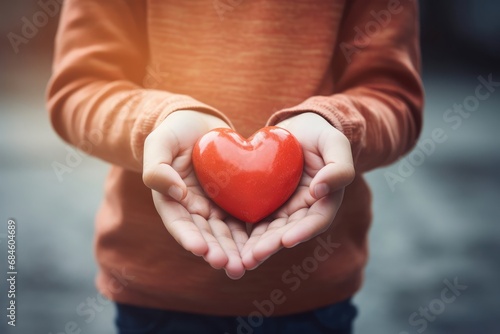 Close up of child hands holding a red heart. A boy with a red heart  mother s day.