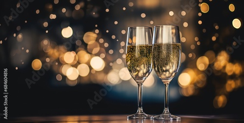 New Year background with sparkling beer glasses, accentuated by beautiful blur effects, and copy space
