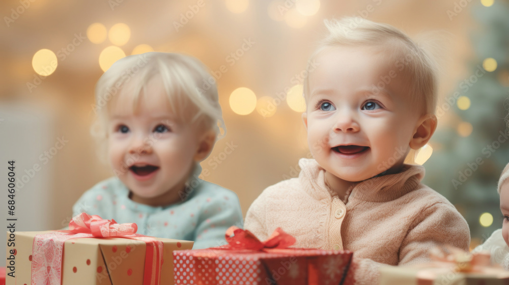 Happy kids with presents in kindergarten Happy kids with presents in kindergarten
