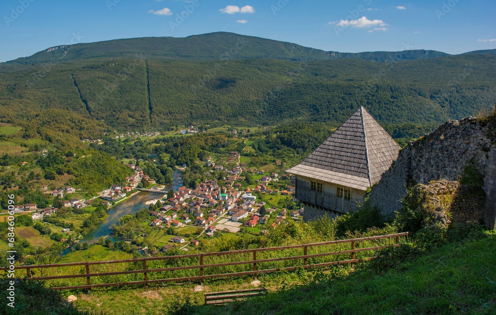 Kulen Vakuf Village and the River Una in the Una National Park. Una-Sana Canton, Federation of Bosnia and Herzegovina. Viewed from Ostrovica Castle which overlooks the village