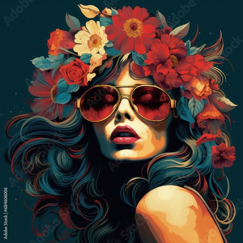 Illustration of a woman wearing glasses, a flower crown, floral decorations, retro and vintage style, suitable for wall decoration, print design, and art poster