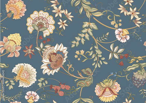 Fantasy flowers in retro, vintage, jacobean embroidery style. Seamless pattern, background. Vector illustration.