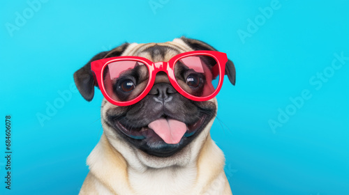 Pug with red glasses on blue background.