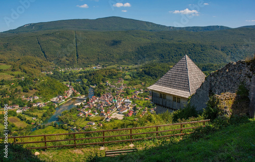 Kulen Vakuf Village and the River Una in the Una National Park. Una-Sana Canton, Federation of Bosnia and Herzegovina. Viewed from Ostrovica Castle which overlooks the village