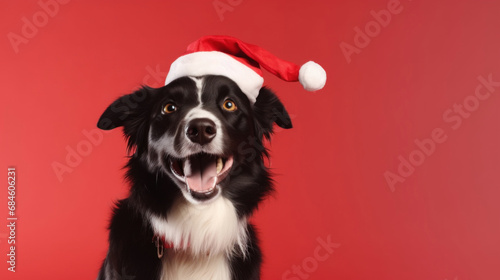 Smiling dog with Santa hat on red bcakground photo