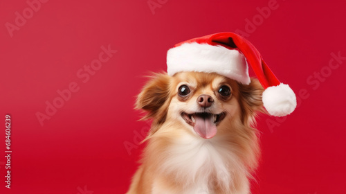 Smiling dog with Santa hat on red bcakground
