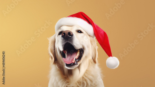 Smiling dog with Santa hat on yellow bcakground