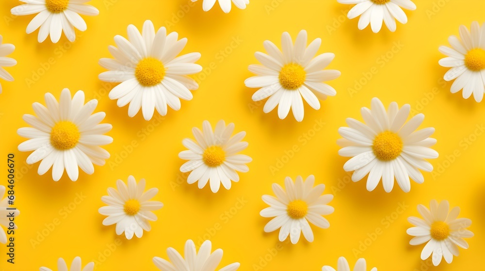 White and yellow flowers minimal flat lay pattern background.