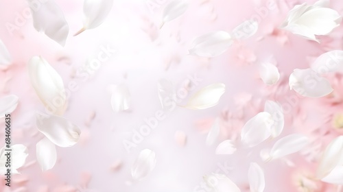 Abstract spring background with pastel pink and white flying flower petals.