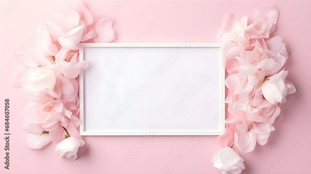 Minimalistic white picture frame, empty pink mockup template decorated with flower petals