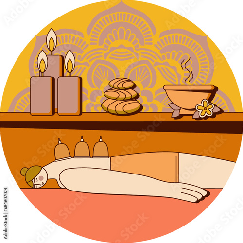 Wellness cupping vacuum back massage. Isolated flat vector illustration in circle shape.