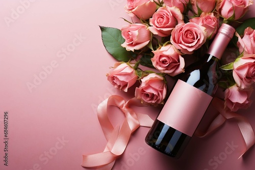Pink champagne and rose bouquet on pink background.