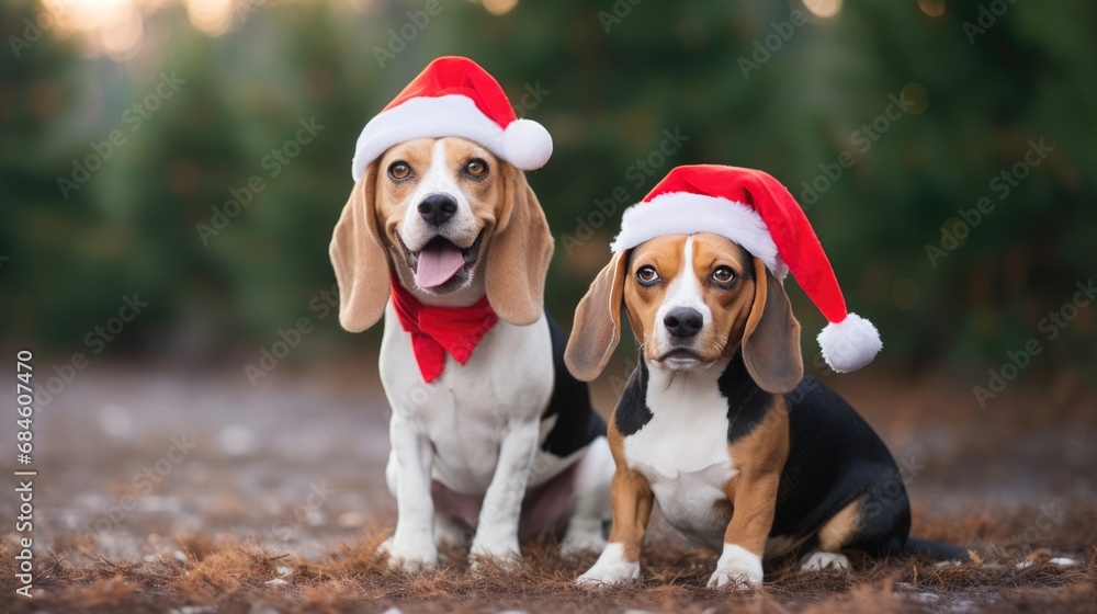 Beagle Christmas dog background. Happy New Year, Merry Christmas concept. Portrait of Cute Beagle puppy breed wearing Santa hat on festive decoration backdrop.. Beagle Christmas dog background. Happy New Year, Merry Christmas concept. Portrait of Cute Beagle puppy breed wearing Santa hat on festive decoration backdrop..