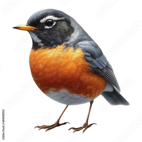 An American Robin standing on a flat surface isolated on a transparent background