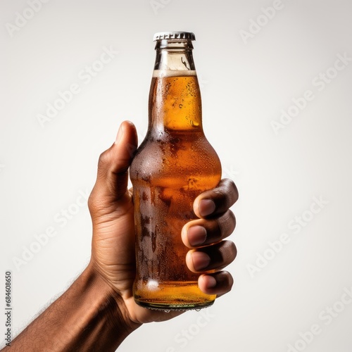 Hand holding beer Isolated on white background
