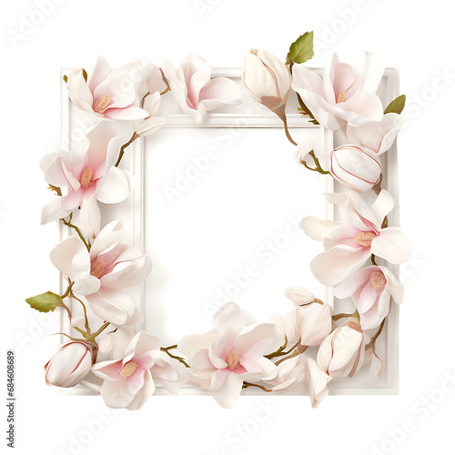 Realistic magnolia flowers on white background with decorative frame concept