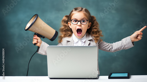Girl in glasses child sit at her laptop and yells into a megaphone. Distance learning, discounts on online courses for kids, promo, online school promotion.