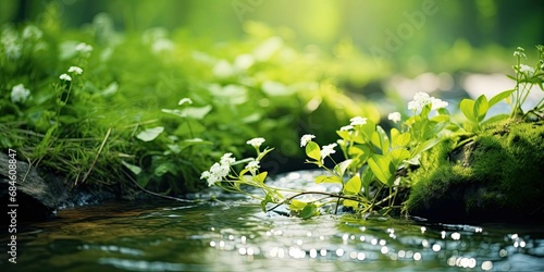 Beautiful spring gentle light illuminates young green plants, and the water in the stream shines