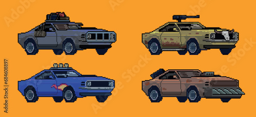 pixel art style illustration vector 8 bit 8-bit character set retro design game aseprite vintage car set mad max style