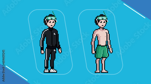 pixel art style illustration vector 8 bit 8-bit character set retro design game aseprite vintage diver character