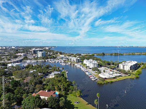Aerial view of the entrance to Crane Creek from the Indian River which leads to the yacht harbor in historic downtown Melbourne along Florida's Space Coast in Brevard County photo
