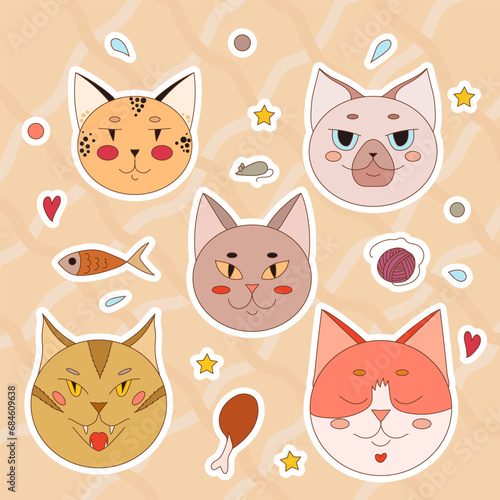 Cat face stickers set. Vector illustration.
