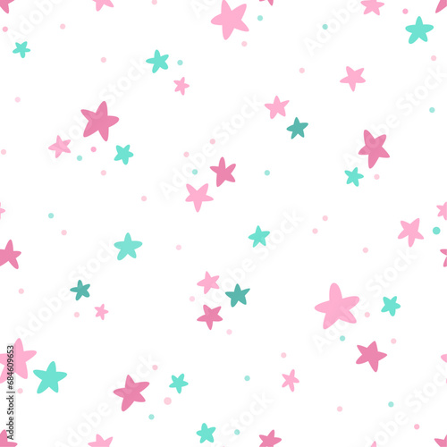 Seamless pattern with pink and green stars. Hand drawn vector background. Trendy texture for print, textile, fabric.