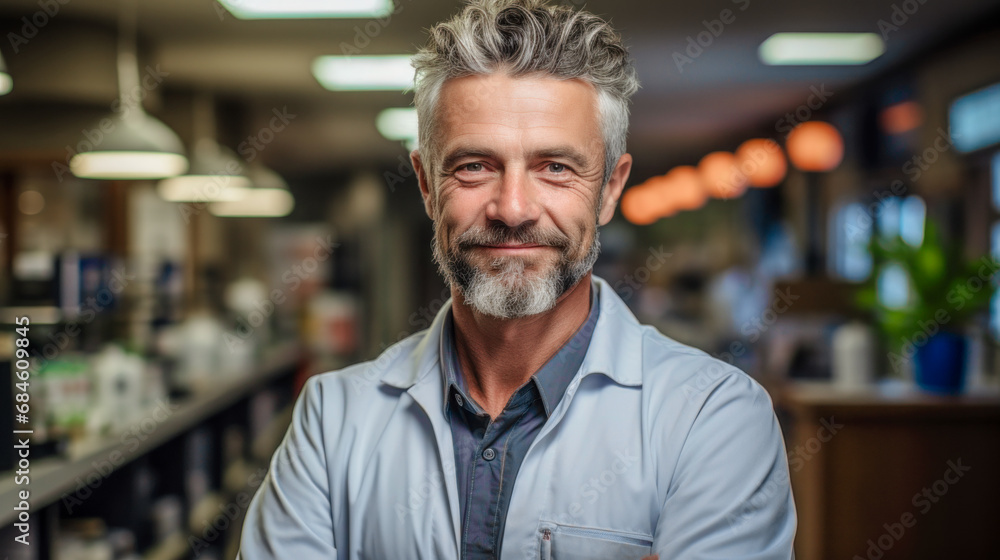 Obraz premium Sympathetic Pharmacist:in a Pharmacy, Background Wallpaper Brainstorming Magazine Cover Health Care