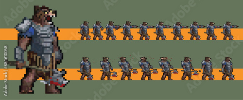 pixel art style illustration vector 8 bit 8-bit character set retro design game aseprite vintage bear animation set attack hit kick idle run walk cycle animation set